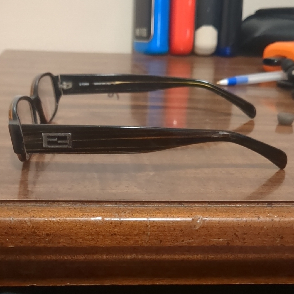 Fendi Men's Rectangular Glasses in Dark Brown Tortoiseshell with glasses box.